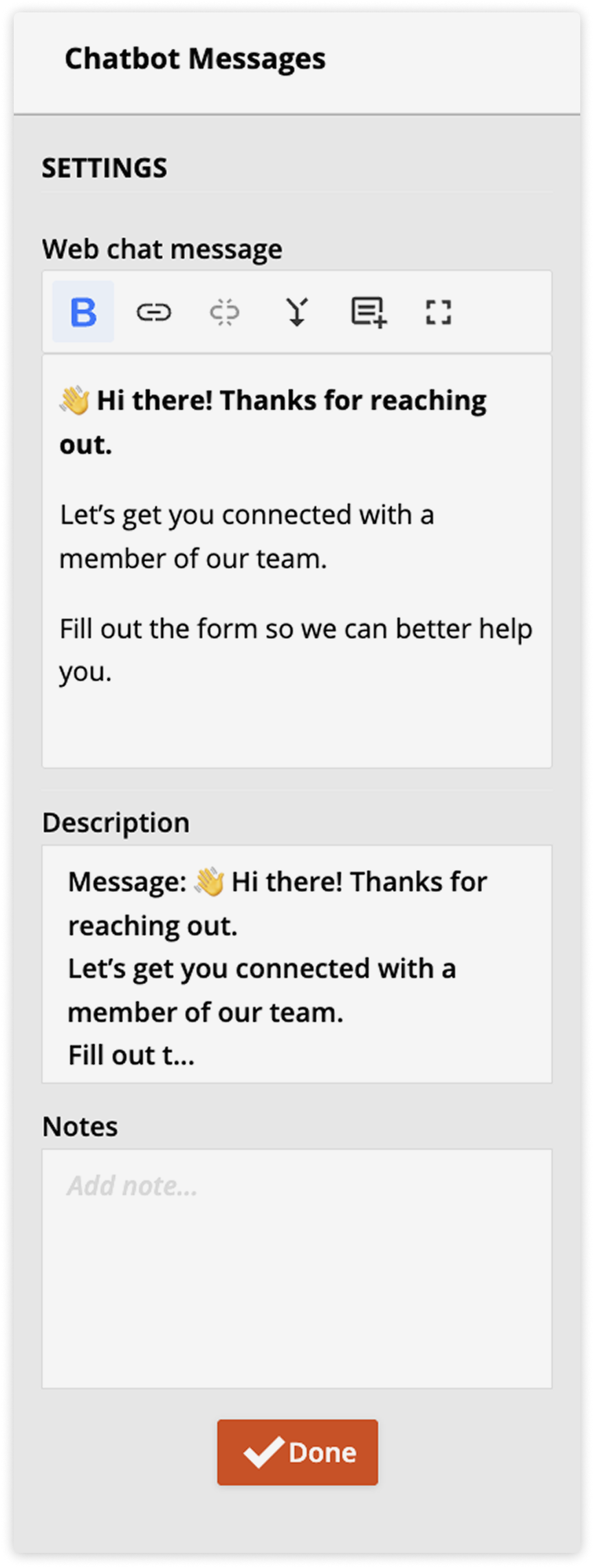 Chatbot message settings example